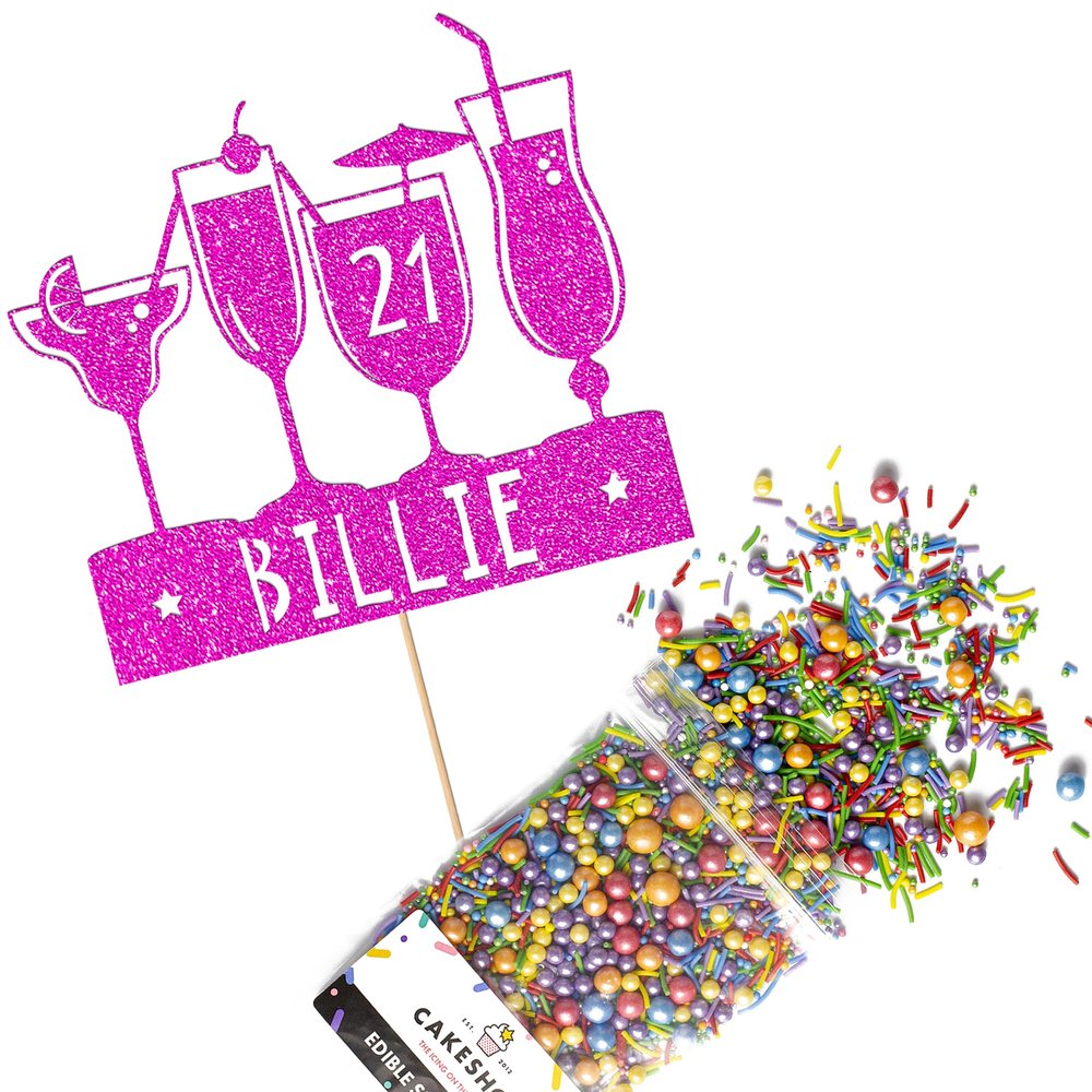 Cakeshop Cake Decoration Pack | Birthday Cocktails Premium Double Sided Glitter Card Cake Topper Sign & 25g Party Pack of Cake Sugar Sprinkles | Custom Name & Age Cake Decoration (Bright Pink)