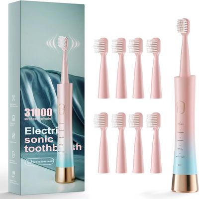 AJELU Pink & Blue Gradient Rechargeable Sonic Electric Toothbrush for Adults, 5 Modes with Smart Timer, 8 Replacement Brush Heads Soft Bristles, High Vibration, Perfect for Home, Travel, Gift