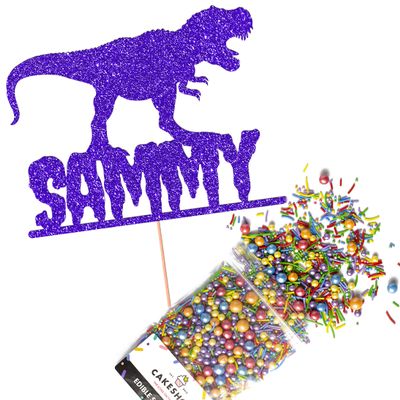 Cakeshop Cake Decoration Pack | Dinosaur Theme Birthday Premium Double Sided Glitter Card Cake Topper Sign & 25g Party Pack of Cake Sugar Sprinkles | Custom Name Cake Decorations (Bright Blue)
