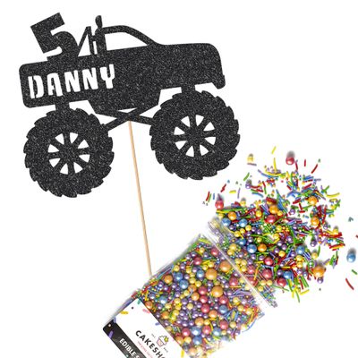 Cakeshop Cake Decoration Pack | Monster Truck Theme Premium Double Sided Glitter Card Cake Topper & 25g Party Pack of Cake Sugar Sprinkles | Custom Name & Age Cake Decorations (Black)