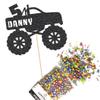 Cakeshop Cake Decoration Pack | Monster Truck Theme Premium Double Sided Glitter Card Cake Topper & 25g Party Pack of Cake Sugar Sprinkles | Custom Name & Age Cake Decorations (Black) view 1