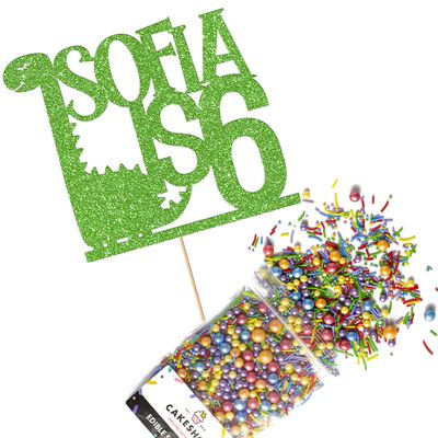 Cakeshop Cake Decoration Pack | Dinosaur Theme Birthday Premium Double Sided Glitter Card Cake Topper & 25g Party Pack of Cake Sugar Sprinkles | Custom Name & Age Cake Decoration (Green)