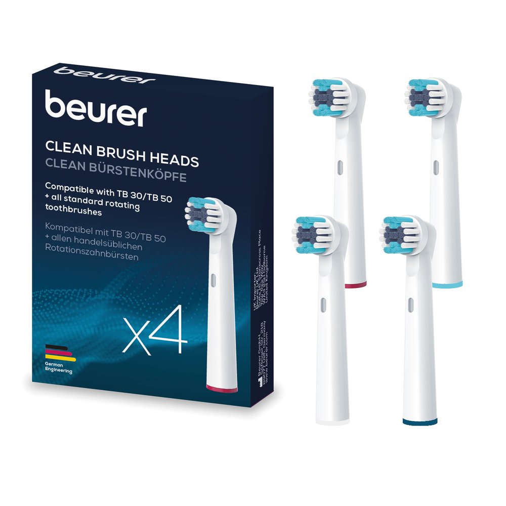 Beurer TB 30/50 Replacement Toothbrush Heads for Electric Toothbrush, Oral-B Compatible Brush Heads, Clean, Pack of 4, White Replacement Brushes