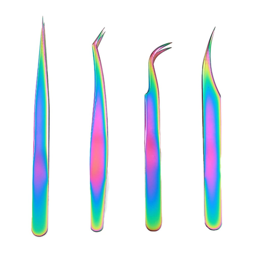 4Pcs False Eyelash Tweezers, Stainless Steel Professional Eyelash Extension Tweezers, Curved Eyelash Tweezers for Easy Lash Application and Removal (Color Ti Gold Suit)