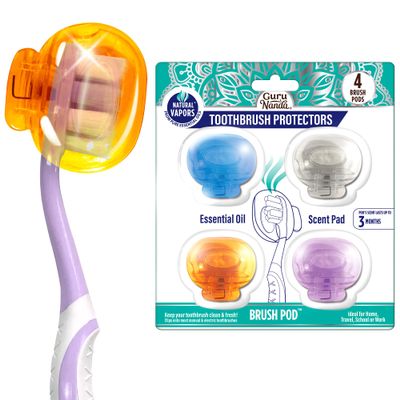 GuruNanda Brush Pods (4 Pack) - Toothbrush Head Cover for Manual & Electric Brushes - Clip-On Plastic Toothbrush Protector with Natural Essential Oil Vapors - Colors Varies
