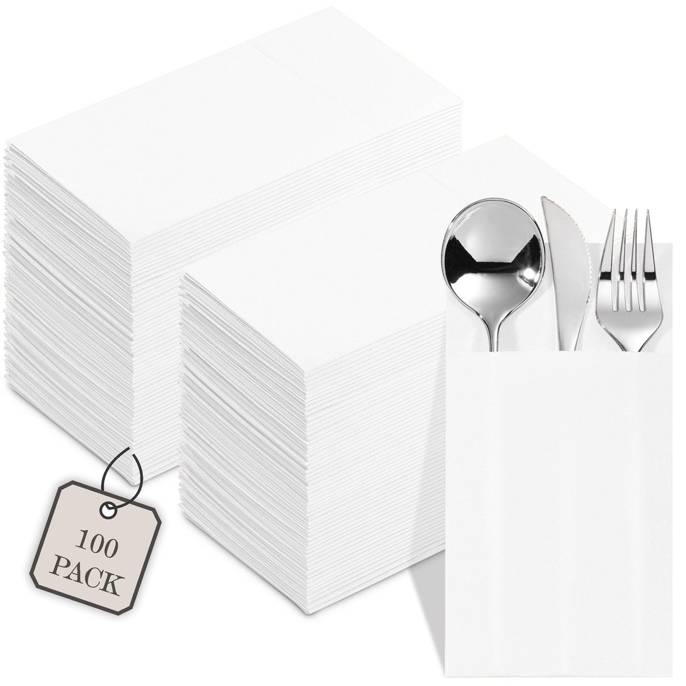 100-Pack Disposable Napkins With Pocket For Flatware, White Napkins Paper For Wedding, Dinner Or Party, Built-In Pocket For Silverware, Prefolded