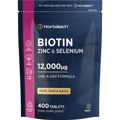 Biotin Hair Growth Tablets 12000mcg | 400 Vegan Tablets | Supplements for Hair, Skin and Nails | Biotin (B7), Zinc & Selenium Complex | by Horbaach