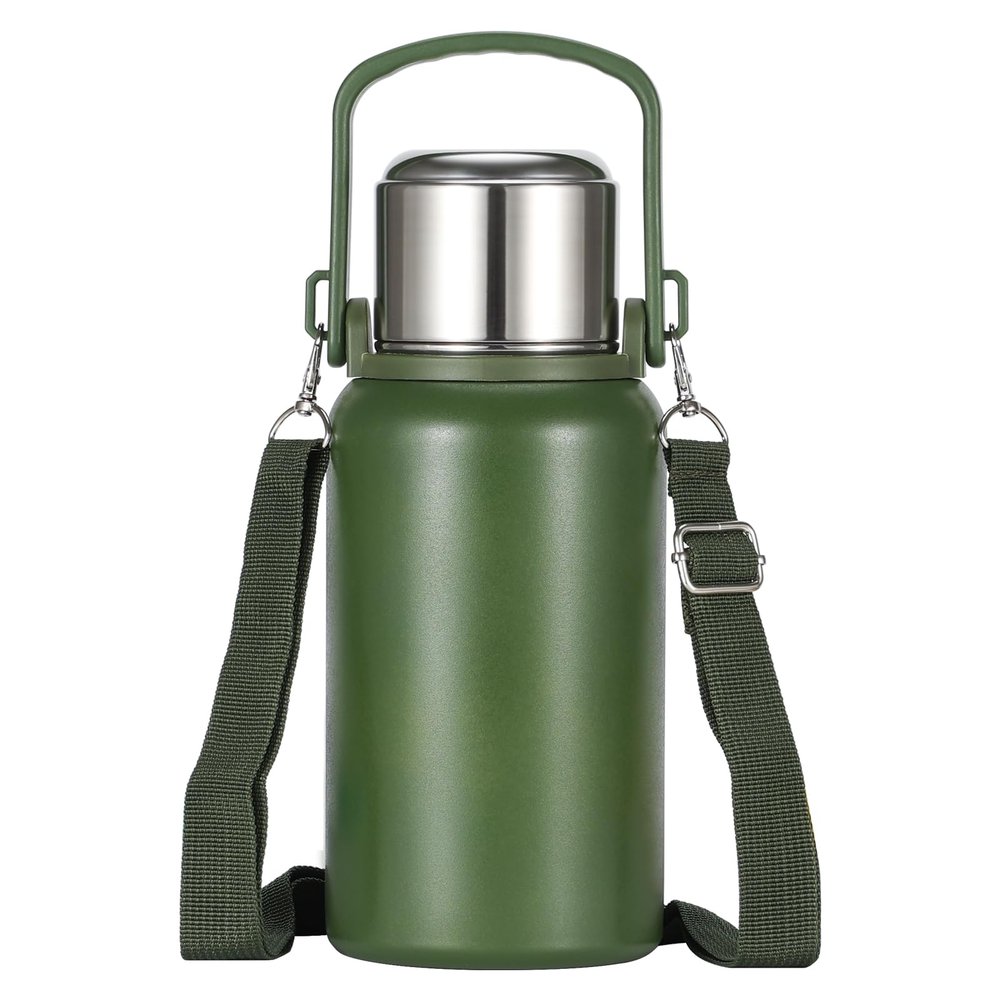 Insulated Water Bottle Metal Water Bottle 32oz/1000ml, Large Double Wall Metal Sports Water Bottle with Lid & Strap Design for Men, Women, for Gym Camping Hiking Travel Home Office, Green