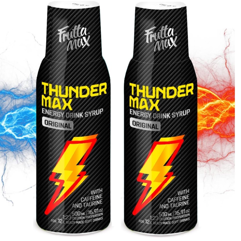 2 Pack - FruttaMax Energy Drink Syrup  Fizzy Caffeinated Syrup with Low Sugar | Soda Maker Compatible, Great for Active Lifestyle 2x500ml - ThunderMax
