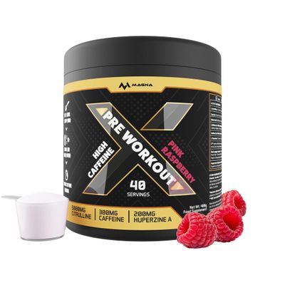 Magna X All-in-One Pre Workout Powder Drink with Caffeine & Citrulline | Pink Raspberry Flavour | Makes 40 Drinks (400g)