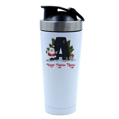 Getagift Personalised Christmas Initial letters, Initial Name, Secret Santa, 500ml Aluminium Shaker Bottle for Supplement Shakes - Easy Clean, Durable Cup. (White)