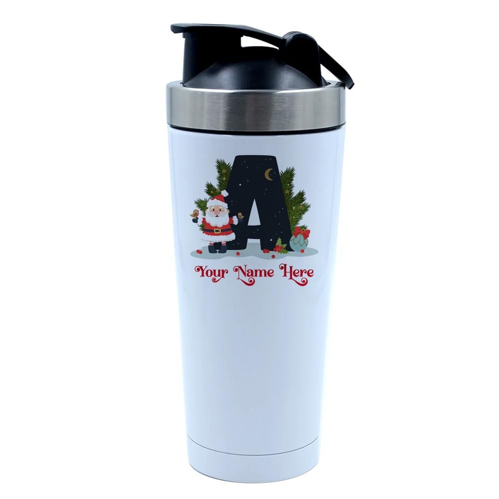 Getagift Personalised Christmas Initial letters, Initial Name, Secret Santa, 500ml Aluminium Shaker Bottle for Supplement Shakes - Easy Clean, Durable Cup. (White)