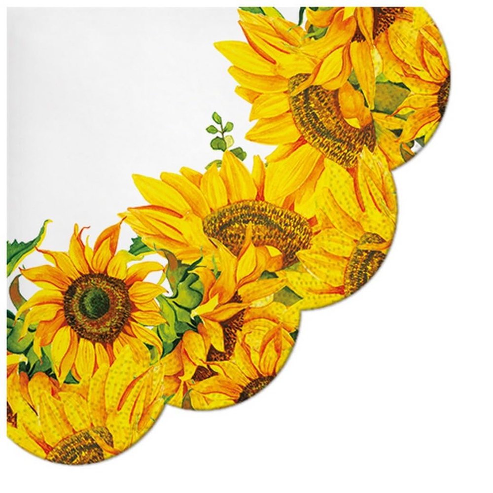 12 round napkins flowers blooming sunflowers as table decoration. Paper napkins with motif. Also for decoupage and decoupage technique, diameter 32 cm