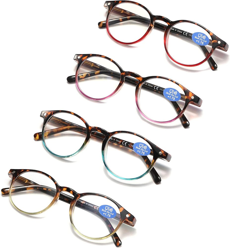 AIKLLY 4 Pack Reading Glasses Blue Light Blocking Round Eyeglasses Colorful Lightweight Readers with Spring Hinges for Men Women 1.75