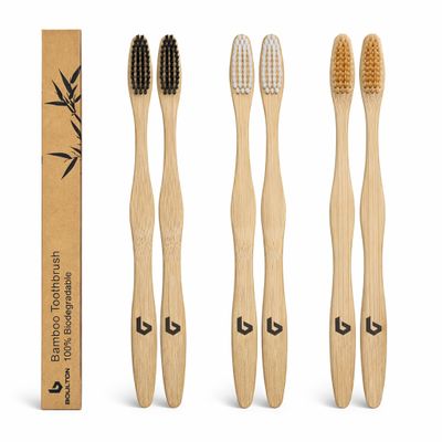 BOULTON Bamboo Toothbrushes  Pack of 6 | Eco Friendly Natural Wooden Toothbrush | Organic Biodegradable Handle | Plastic Free BPA Free Tooth Brushes | Natural Tooth Brush with Soft Bristles