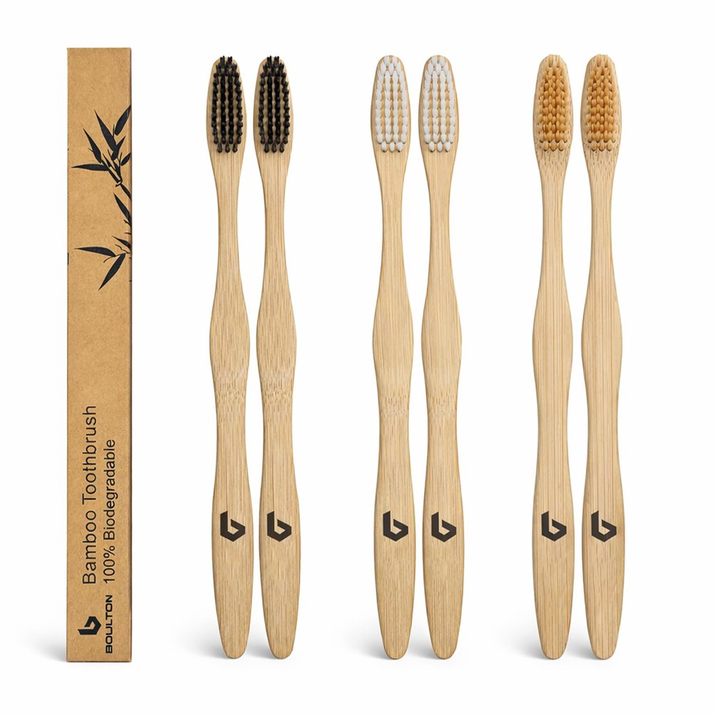BOULTON Bamboo Toothbrushes  Pack of 6 | Eco Friendly Natural Wooden Toothbrush | Organic Biodegradable Handle | Plastic Free BPA Free Tooth Brushes | Natural Tooth Brush with Soft Bristles