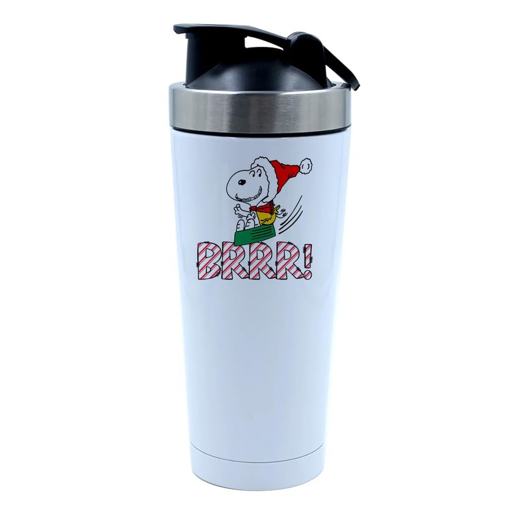 Getagift Snoopy BRR!, Christmas Snoopy With Santa Cap, 500ml Aluminium Shaker Bottle for Supplement Shakes - Easy Clean, Durable Cup. (White)