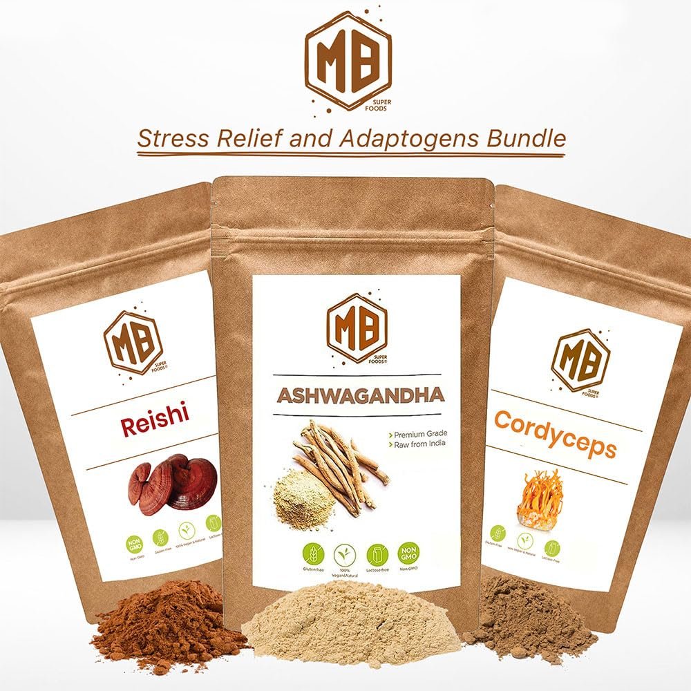 MB Superfoods Stress Relief and Adaptogens Bundle: Reishi, Ashwagandha, Cordyceps (100g Each)