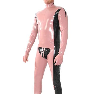 Baby Pink and Black Sexy Latex Catsuit with Shoulder Back Zippers Rubber Bodysuit,Orange with Black,L