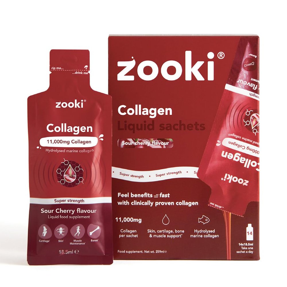 Zooki 11,000mg Super Strength Marine Collagen Liquid Sachets | Hydrolysed Peptides | Ultimate Skin, Hair, Nails, Joints, Bones & Muscles Support (Sour Cherry Flavour, 14 Servings)