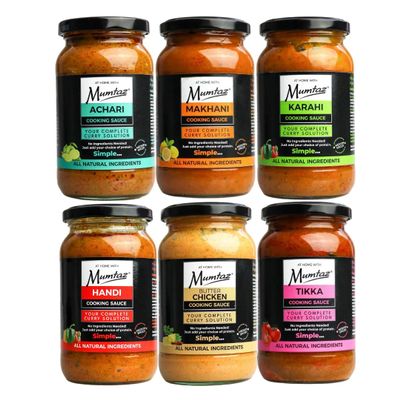 Mumtaz Indian Cooking Sauce, Mixed Selection Pack of 6x350g, Flavours Include: Achari, Makhani, Karahi, Handi, Butter Chicken, Tikka