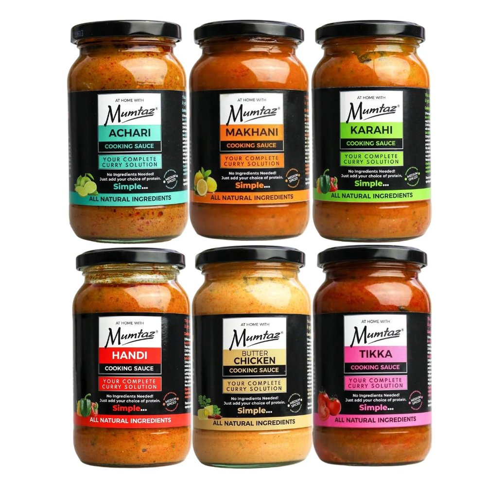 Mumtaz Indian Cooking Sauce, Mixed Selection Pack of 6x350g, Flavours Include: Achari, Makhani, Karahi, Handi, Butter Chicken, Tikka