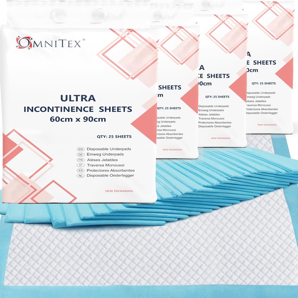 100pk Omnitex 2000ml Ultra 60 x 90cm Disposable Bed Pads, Night Pads with SAP leak control | Absorption Sheets, Bed Mats, Mattress Protectors, Incontinence sheets | 4x 25pk | CE & UKCA certified