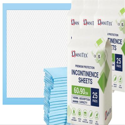 100pk Omnitex 60 x 90cm Disposable Bed Pads - 1400ml absorption | SAP Liquid Lock Technology Incontinence sheets, Premium Underpads, Bed Mats, Mattress Protectors | 4x 25pk | CE & UKCA certified