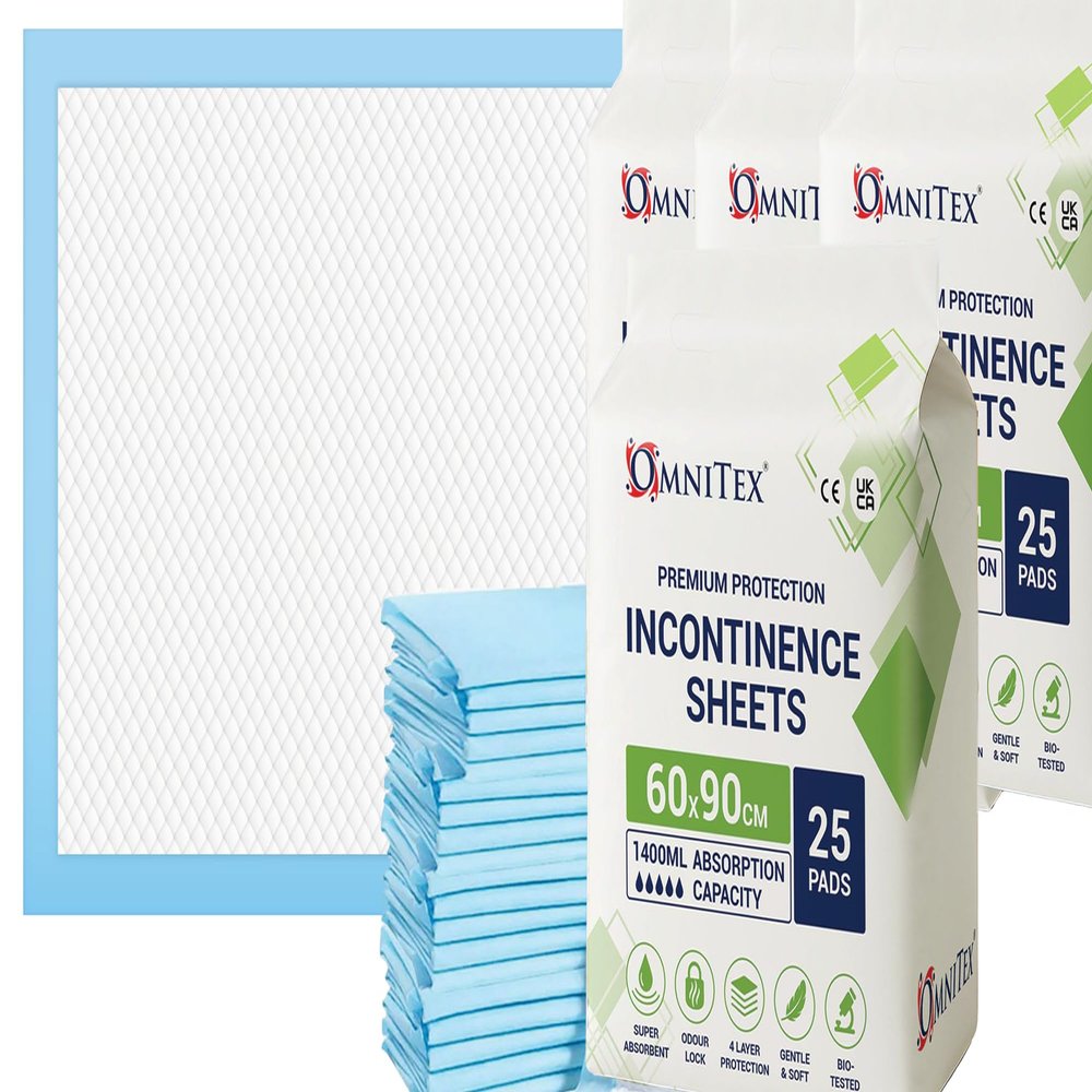 100pk Omnitex 60 x 90cm Disposable Bed Pads - 1400ml absorption | SAP Liquid Lock Technology Incontinence sheets, Premium Underpads, Bed Mats, Mattress Protectors | 4x 25pk | CE & UKCA certified