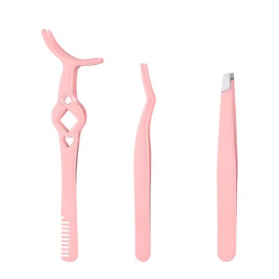 3pcs Eyelash Tweezers, 3 Styles False Eyelash Extension Tweezers Stainless Steel Lash Cluster Applicator Tool with Comb Eyebrow Tweezers for Women, Beginners Makeup (Pink)