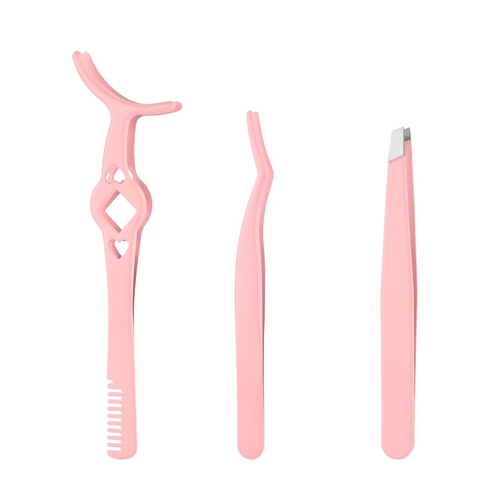 3pcs Eyelash Tweezers, 3 Styles False Eyelash Extension Tweezers Stainless Steel Lash Cluster Applicator Tool with Comb Eyebrow Tweezers for Women, Beginners Makeup (Pink)