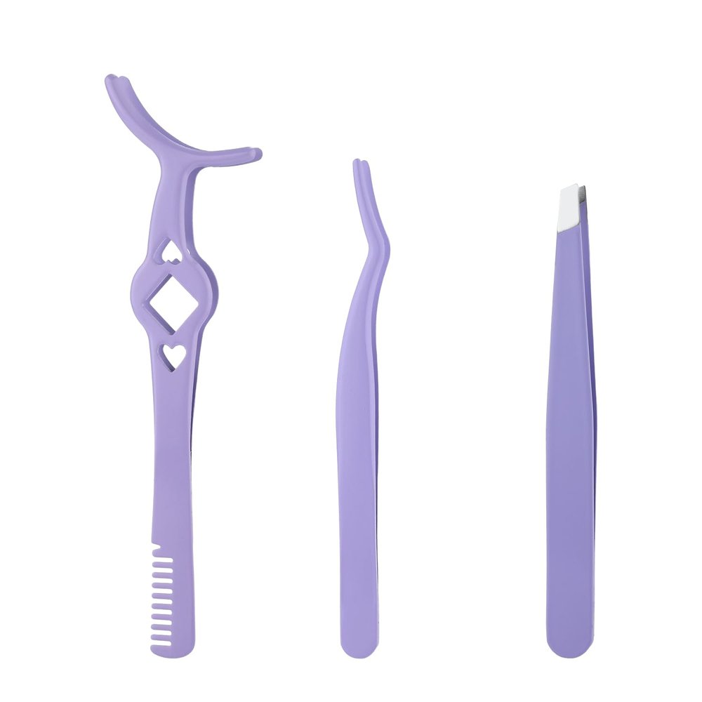 3pcs Eyelash Tweezers, 3 Styles False Eyelash Extension Tweezers Stainless Steel Lash Cluster Applicator Tool with Comb Eyebrow Tweezers for Women, Beginners Makeup (Purple)