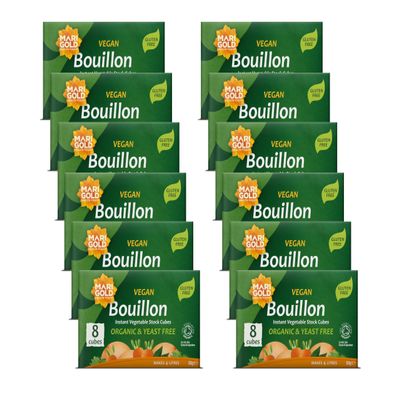 Marigold Organic Vegan Bouillon Vegetable Stock Cubes Yeast Free, Gluten Free, Instant Flavour Booster 8 Cubes (Pack of 12)