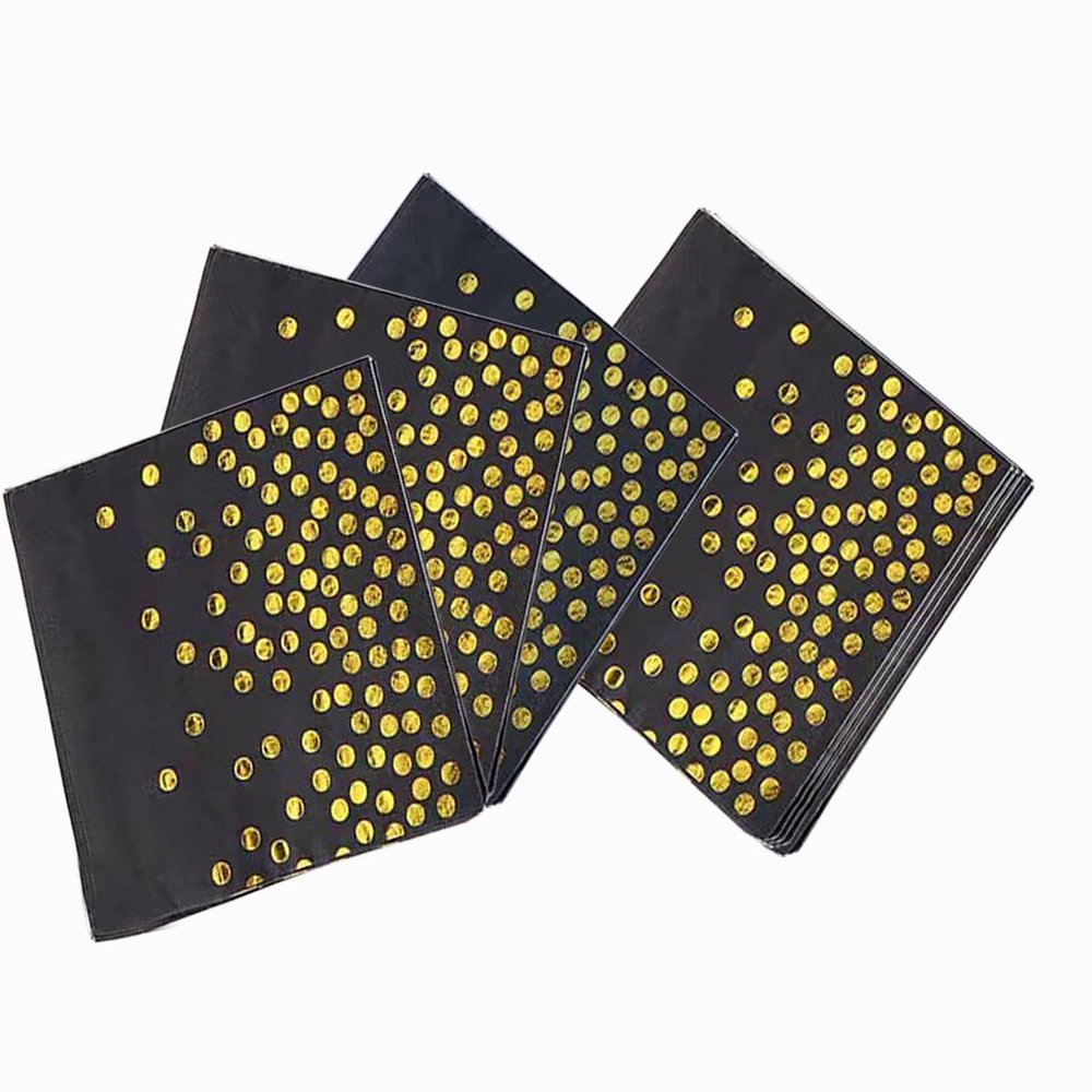 100 Pack Paper Napkins Black Disposable Dinner Square Napkins with Gold Foil Polka Dot Confetti Hand Guest Paper Towels for Party Birthday Wedding Baby Shower Special Events