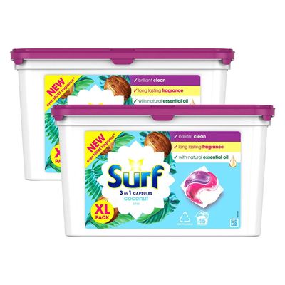 Surf 3-in-1 Washing Detergent Capsules Coconut Bliss Long Lasting Fragrance and Made with Natural Essential Oil Laundry Detergent XL Pack, 45 Washes (Pack of 2)