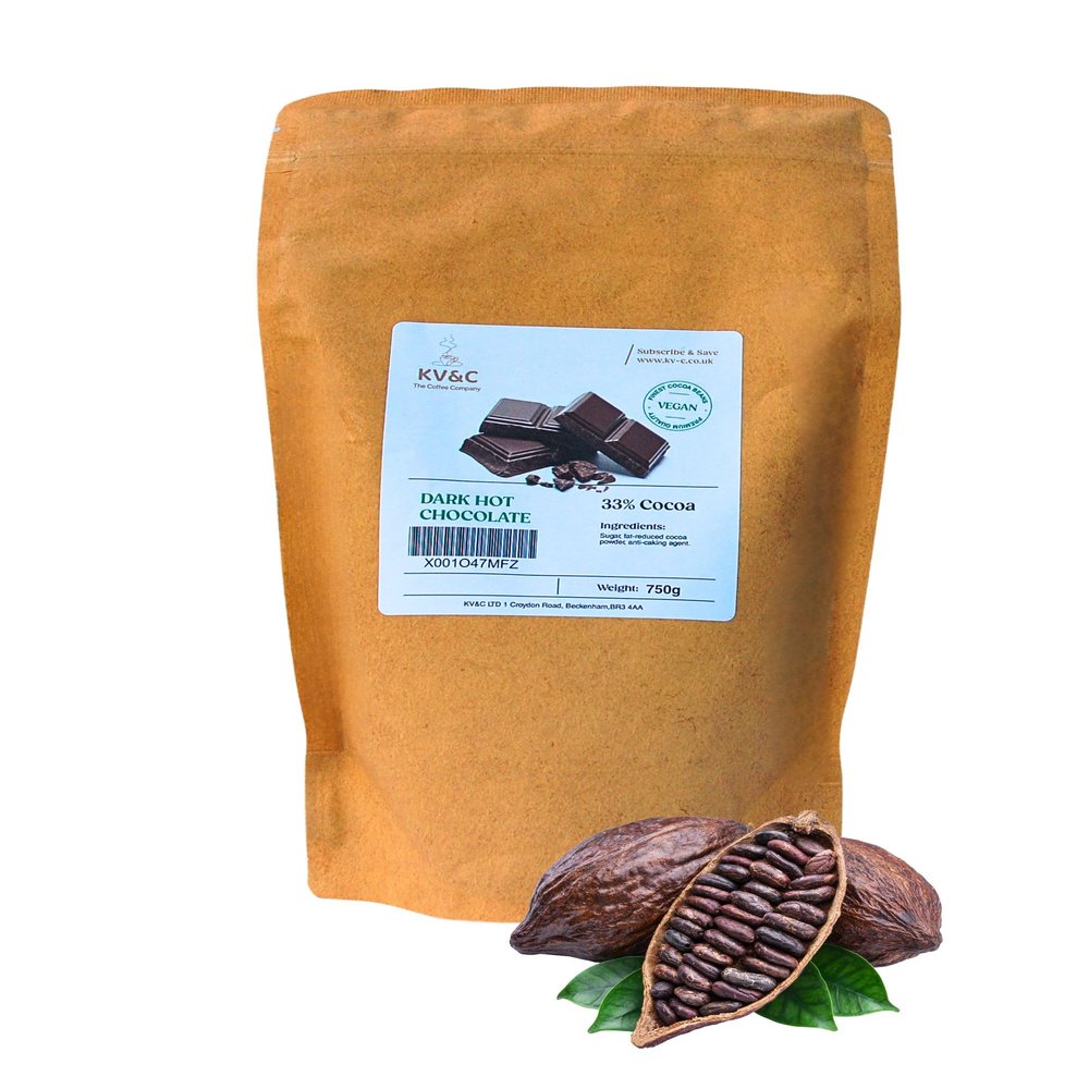 Vegan Instant Dark Hot Chocolate | 33% Cocoa | Diary Free | Creamy Frothy Rich Flavour | Home | Office | Vending | Resealable Bags (1 x 750g Bag)