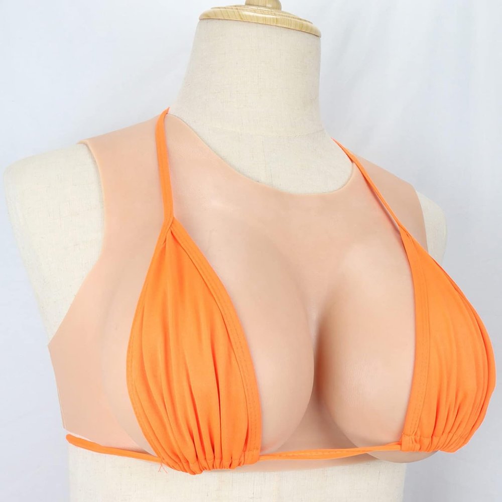 HUANQIN Silicone Breast Form Realistic Breast Plates Artificial Breast Cotton Filled E Cup, Silicone Breast Form Crossdressing Huge Fake Breast, Silicone Breastplate Drag Queen Breastplate, Tan