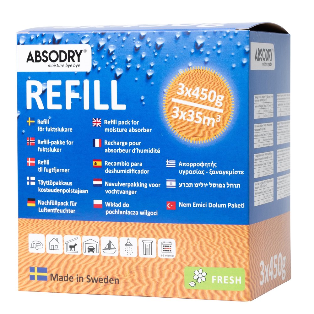 ABSODRY Moisture Absorber Refill Fresh Scent 3 x 15.8oz for Dehumidifier for Bedroom Bathroom RV Closet Air Cleaner Odor Eliminator Humidity Absorber Moisture Bags Up to 90 Days, 150 Sq Ft, 3 Pack