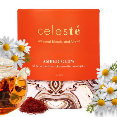 Celeste Amber Glow Chamomile Tea Loose Leaf - Premium Blend with Saffron and Lemongrass | 100% Natural Loose Leaf White Tea (1.76 oz) (25 Cups)