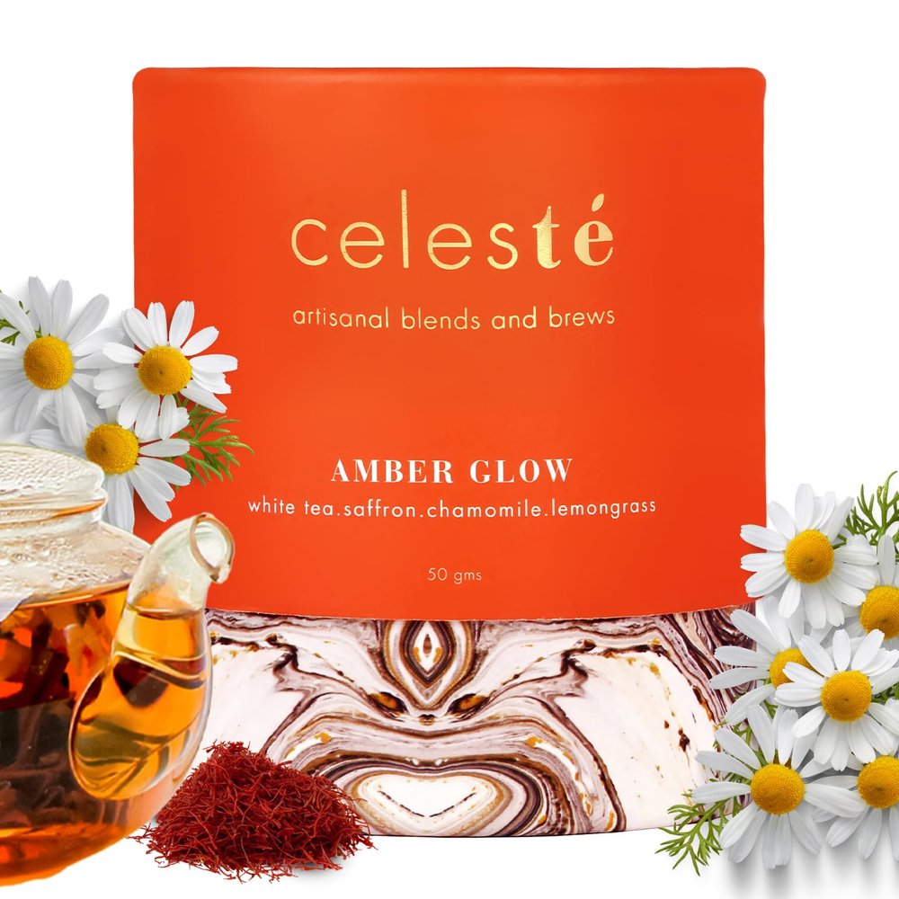 Celeste Amber Glow Chamomile Tea Loose Leaf - Premium Blend with Saffron and Lemongrass | 100% Natural Loose Leaf White Tea (1.76 oz) (25 Cups)