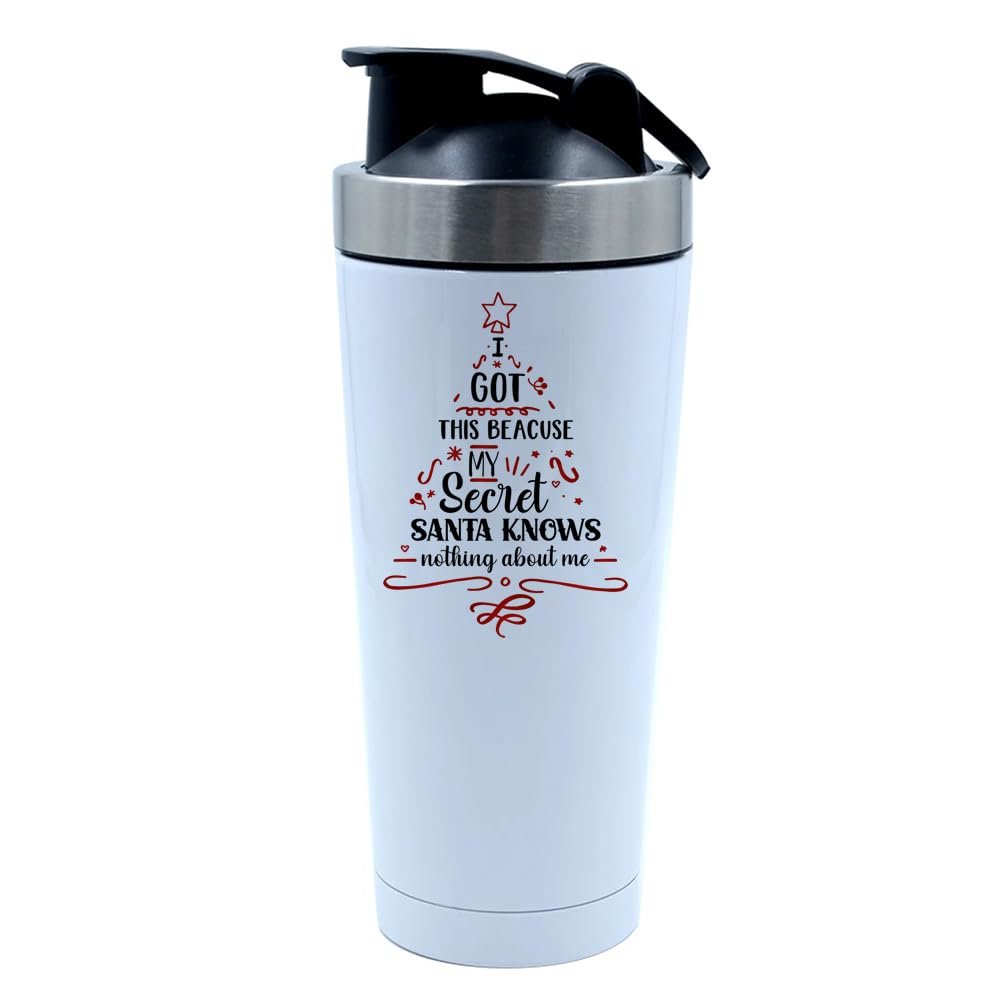Getagift I Got This Because My Secret Santa Knows Nothing About Me, 500ml Aluminium Shaker Bottle for Supplement Shakes - Easy Clean, Durable Cup. (White)