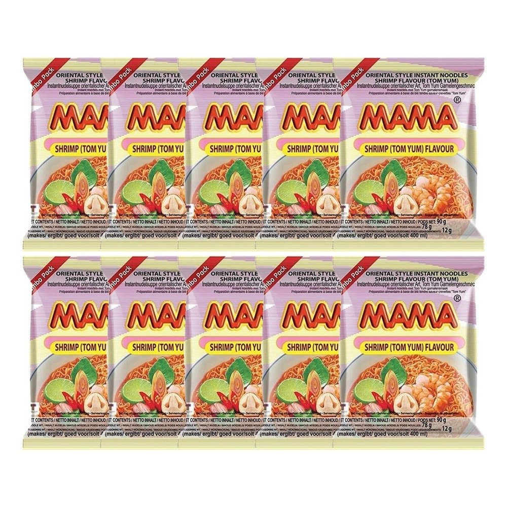 Mama Thai Tom Yum Shrimp Instant Noodles Ramen Jumbo Size 90g (Pack of 10)