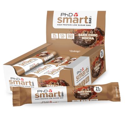 PhD Nutrition Smart Protein Bar Low Calorie, Nutritional Protein Bars/Protein Snacks, High Protein Low Sugar, Chocolate Mocha Flavour, 20g of Protein, 64g Bar (12 Pack)