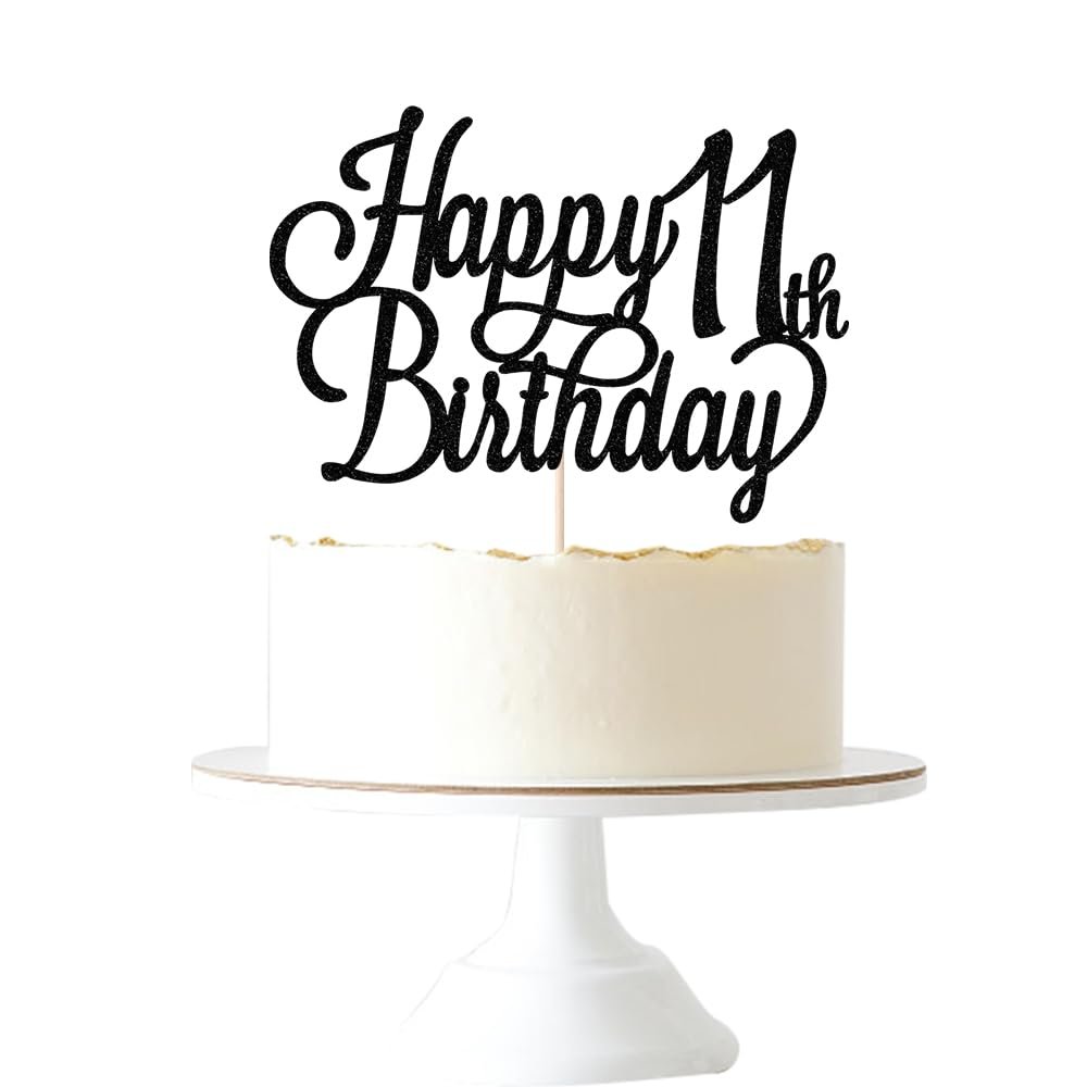 Gtseryeio Black Glitter Happy 11th Birthday Cake Topper, 11th Birthday Party Decorations Supplies (11)