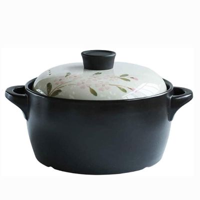 SUNMME Ceramic Casserole Heat-resistant Clay Pot Flower Pattern Earthen Pot with Two Handle Japanese Painting Cookware with Lid for Kitchen Soup Stew