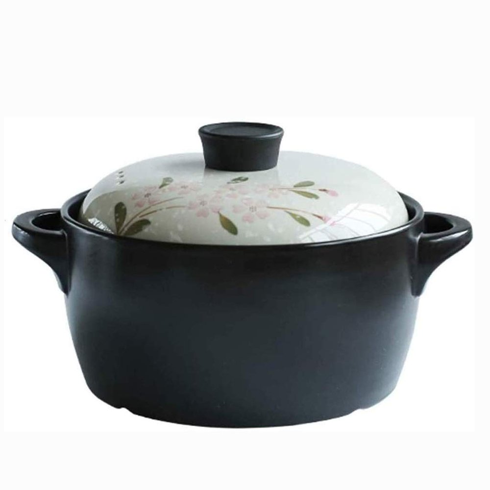 SUNMME Ceramic Casserole Heat-resistant Clay Pot Flower Pattern Earthen Pot with Two Handle Japanese Painting Cookware with Lid for Kitchen Soup Stew