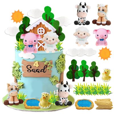 DRWATE Farm Animal Cake Topper Cow Cake Decorations with Cow Pig Horse Sheep Chicken for Baby Shower Farm Birthday Party Supplies (Clay)
