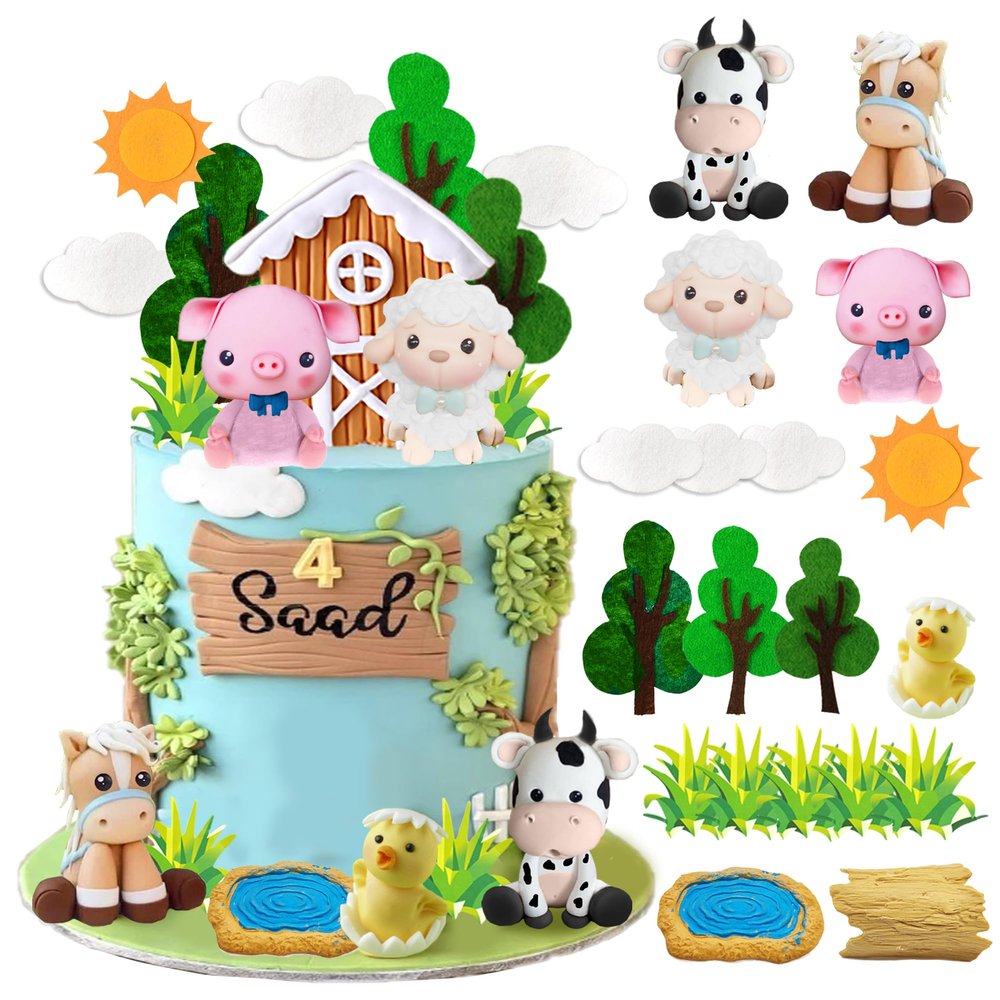 DRWATE Farm Animal Cake Topper Cow Cake Decorations with Cow Pig Horse Sheep Chicken for Baby Shower Farm Birthday Party Supplies (Clay)
