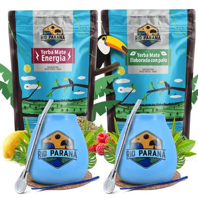 Rio Parana yerba mate set for two with accessories | Two-pack of yerba mate | Energia and Elaborada | Calabash, bombilla and accessories | Natural caffeine | 2x500g |1 kg