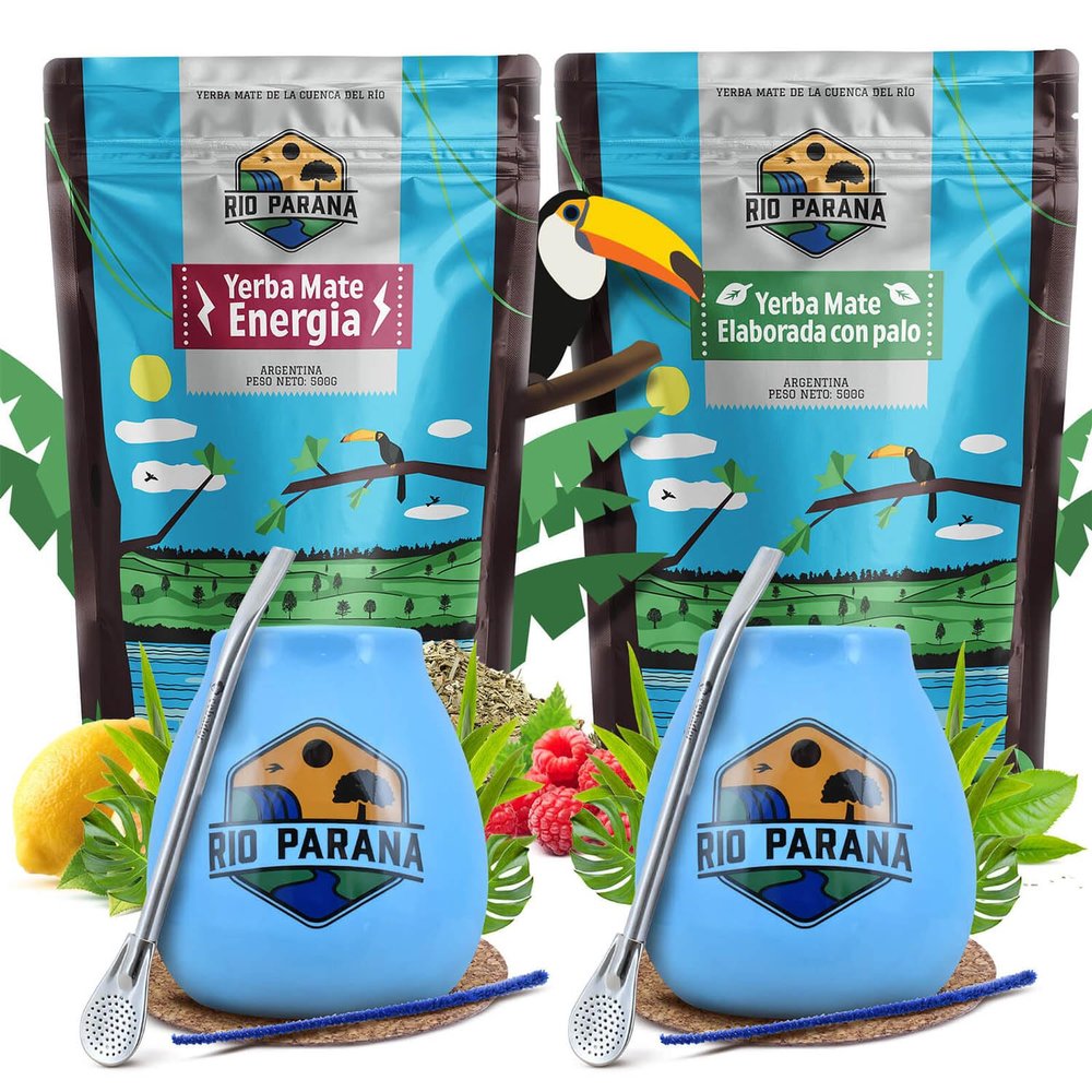 Rio Parana yerba mate set for two with accessories | Two-pack of yerba mate | Energia and Elaborada | Calabash, bombilla and accessories | Natural caffeine | 2x500g |1 kg